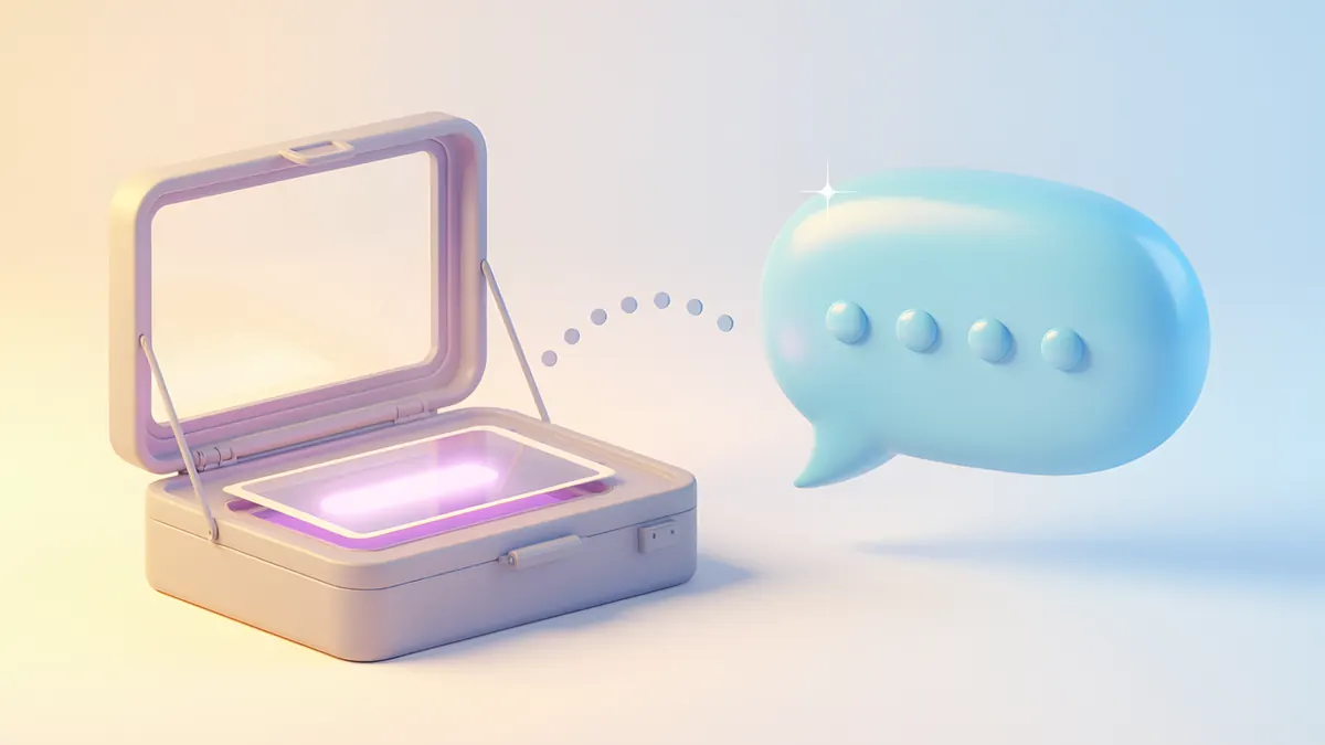 Illustrazione generata con IA: un bromografo d'epoca con la luce ultravioletta accesa e, accanto, il fumetto di una chat, uniti da una linea di puntini